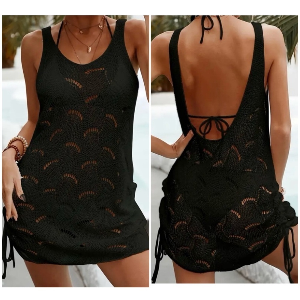 Boho Black Backless Crochet Cover Up